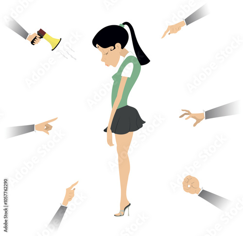 Upset young woman. Hands with orders and instructions. Concept.
Upset woman or businesswoman with head down surrounded by orders and instructions of the superiors hands

