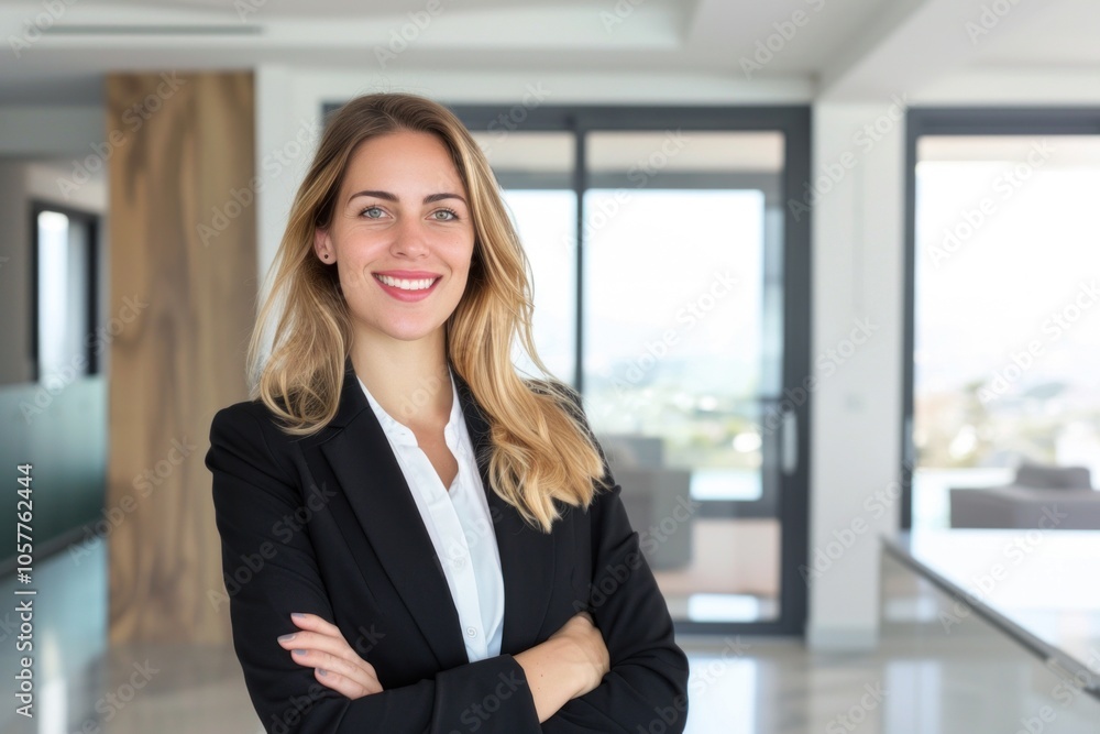 Professional European woman real estate agent smiling in modern office setting with folded arms Professional European woman real estate agent smiling in modern office setting with folded arms
