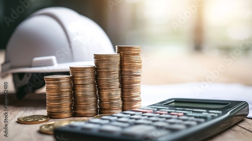 White Safety Helmet Beside Coins and Calculator Illustrating Financial Planning and Risk Management Concepts