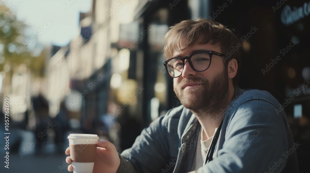 Man with glasses is sitting at a table with a cup of coffee Man with glasses is sitting at a table with a cup of coffee