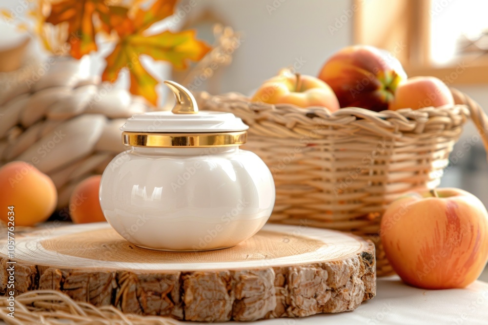 Autumn harvest scene with apples and decorative jar on wooden platter Autumn harvest scene with apples and decorative jar on wooden platter