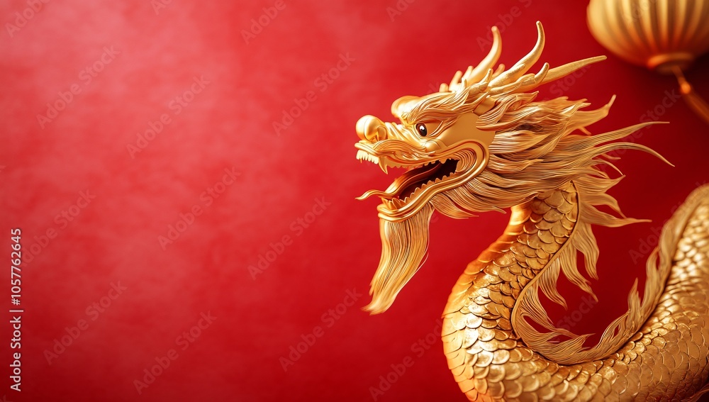 A stunning gold dragon sculpture showcases intricate designs, exuding a sense of majesty and strength against a vibrant red backdrop, typical of Asian art traditions. A stunning gold dragon sculpture showcases intricate designs, exuding a sense of majesty and strength against a vibrant red backdrop, typical of Asian art traditions.