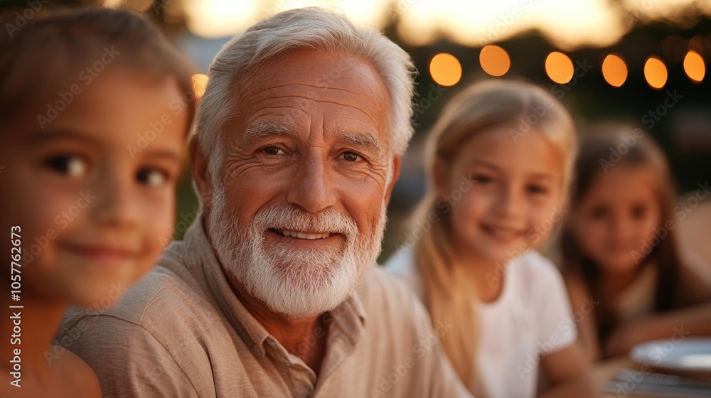 Grandfather Enjoying Outdoors with Grandchildren at Garden Party; use warm palette Grandfather Enjoying Outdoors with Grandchildren at Garden Party; use warm palette