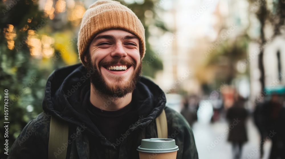 Man with a beard and a yellow hat is smiling and holding a coffee cup Man with a beard and a yellow hat is smiling and holding a coffee cup