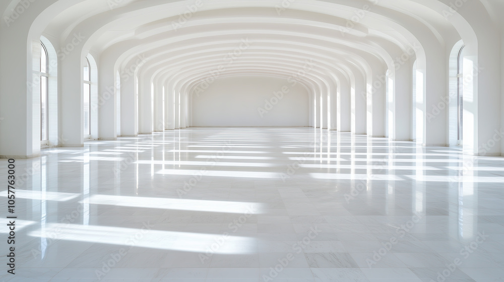 White Arched Gallery Interior with Sunlight Through Windows. White Arched Gallery Interior with Sunlight Through Windows.