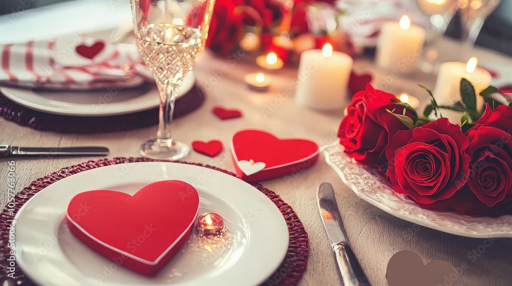 Romantic Valentine's Day dinner table setting with red roses, heart shaped boxes, candles and a glass. Romantic Valentine's Day dinner table setting with red roses, heart shaped boxes, candles and a glass.