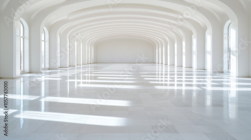 White Arched Gallery Interior with Sunlight Through Windows.