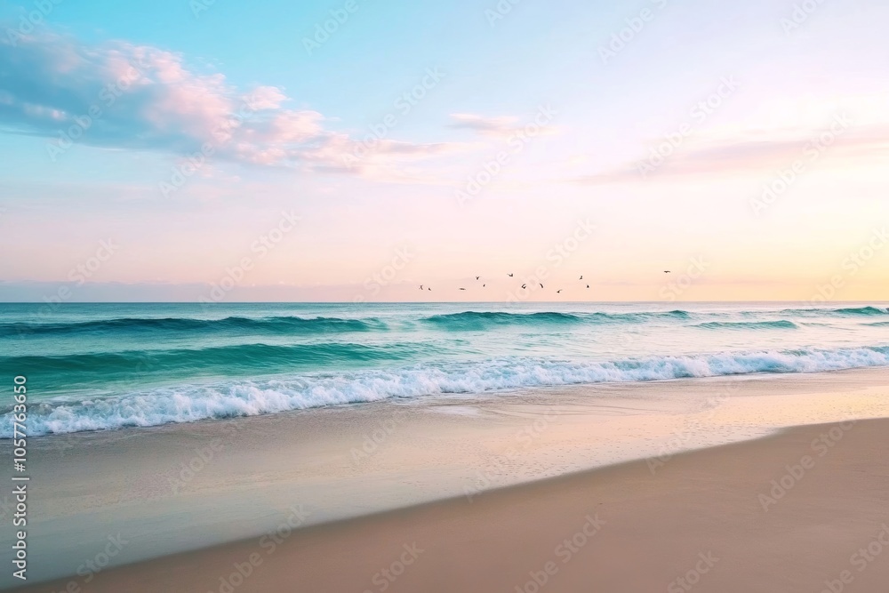 Pristine beach at dawn with waves, seagulls; soft pastel palette Pristine beach at dawn with waves, seagulls; soft pastel palette