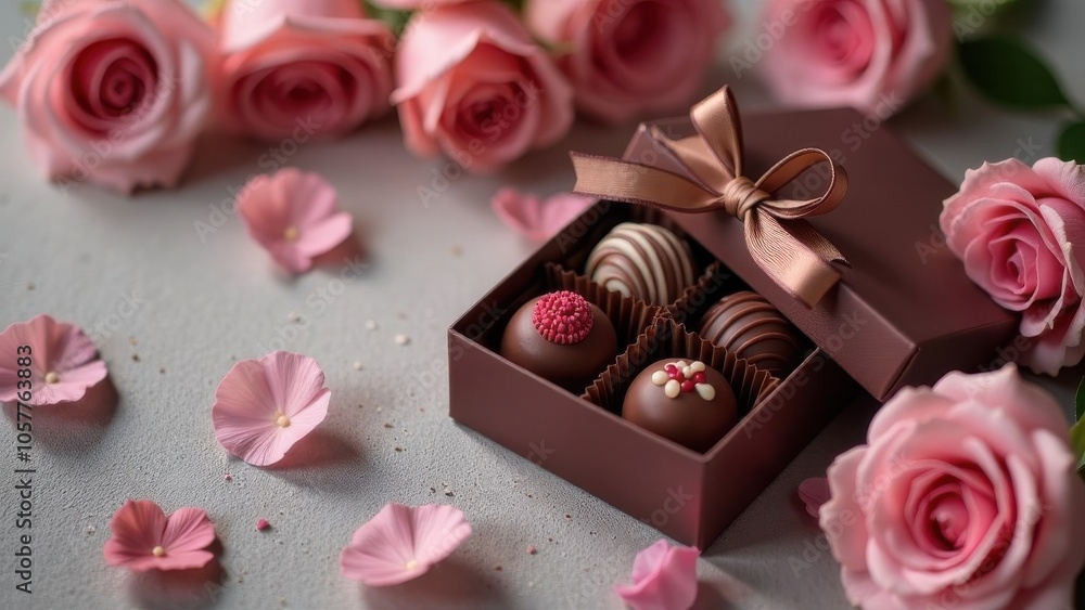 Delicious assorted chocolates in a gift box surrounded by pink roses and petals, perfect for a romantic occasion Delicious assorted chocolates in a gift box surrounded by pink roses and petals, perfect for a romantic occasion