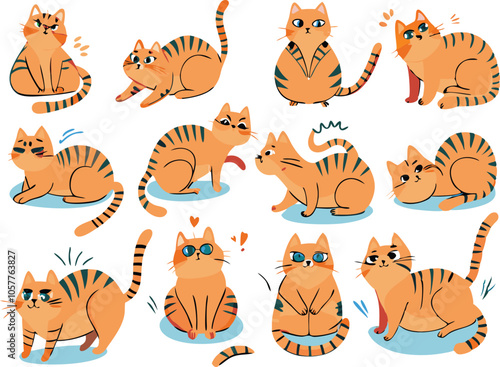 Cute Orange Tabby Cats Poses Cartoon Illustrations