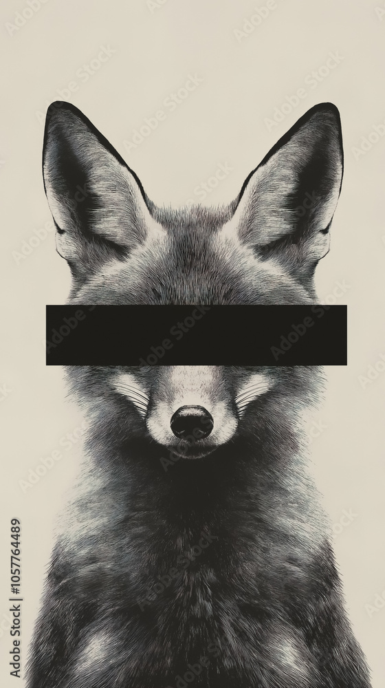 Fototapeta premium A black and white portrait of a fox, its eyes obscured by long matte black rectangle in front of face
