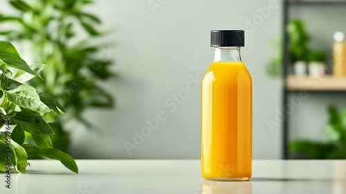 Rollinia detox juice bottle on counter; blurred vegan lifestyle background Use an earthy palette  photo