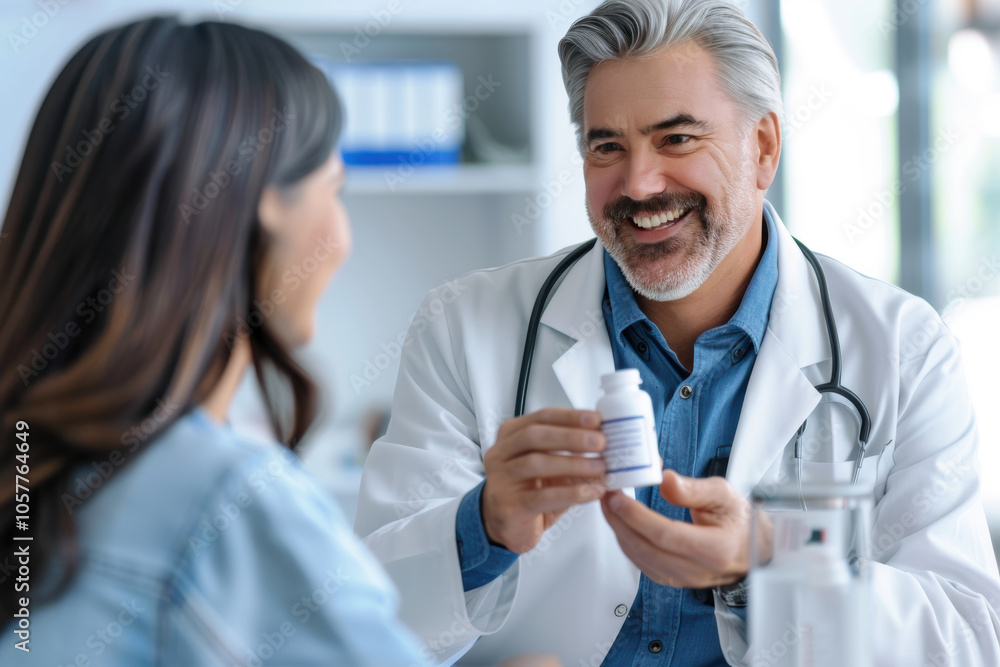 Trustworthy Doctor Advising Patient on Vitamins in Modern Medical Clinic Setting Trustworthy Doctor Advising Patient on Vitamins in Modern Medical Clinic Setting