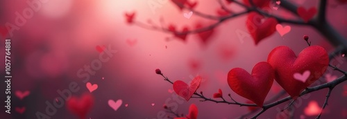 Delicate red hearts adorn tree branches against a soft pink background during a romantic evening