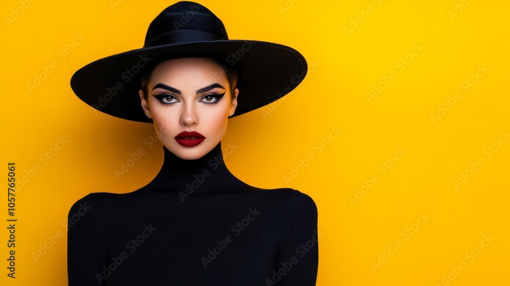 Witch in black costume with pumpkin, yellow background; dark palette Witch in black costume with pumpkin, yellow background; dark palette