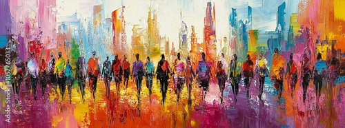 Colorful abstract oil painting of a busy city street, featuring bright hues of orange, pink, and blue. Expressive brushstrokes add depth.

