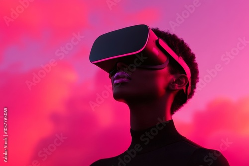 Woman Experiencing Metaverse with VR Headset; vibrant, futuristic color palette 