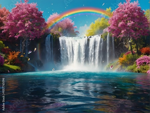 A Serene Waterfall Nestled Amongst Vibrant and Colorful Flora in Natures Beauty