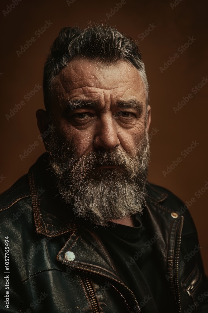 Rugged Portrait of a Bearded Man in Leather Jacket Against Dark Background Rugged Portrait of a Bearded Man in Leather Jacket Against Dark Background