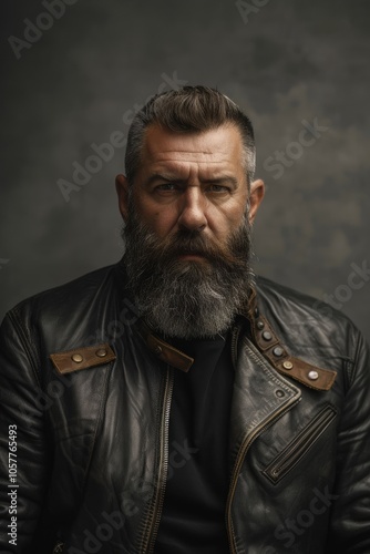 Moody Portrait of Bearded Man in Leather Jacket Against Gray Backdrop for Print and Poster Design