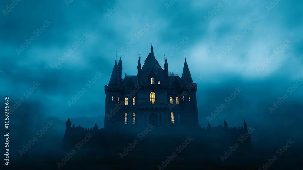 Spooky Halloween castle for kids; dark tones, pumpkin theme palette Spooky Halloween castle for kids; dark tones, pumpkin theme palette