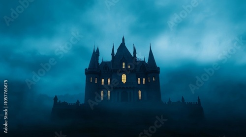 Spooky Halloween castle for kids; dark tones, pumpkin theme palette 