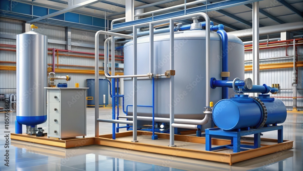 Hydraulic module for chiller featuring a storage tank in an industrial setting. Generative AI Hydraulic module for chiller featuring a storage tank in an industrial setting. Generative AI