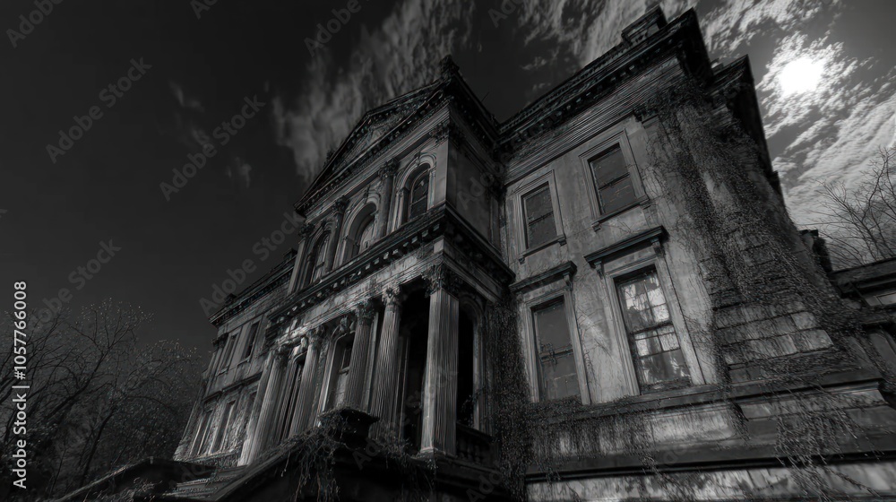 Obraz premium A grand, abandoned mansion with ivy climbing its facade, set against a dramatic cloudy sky.