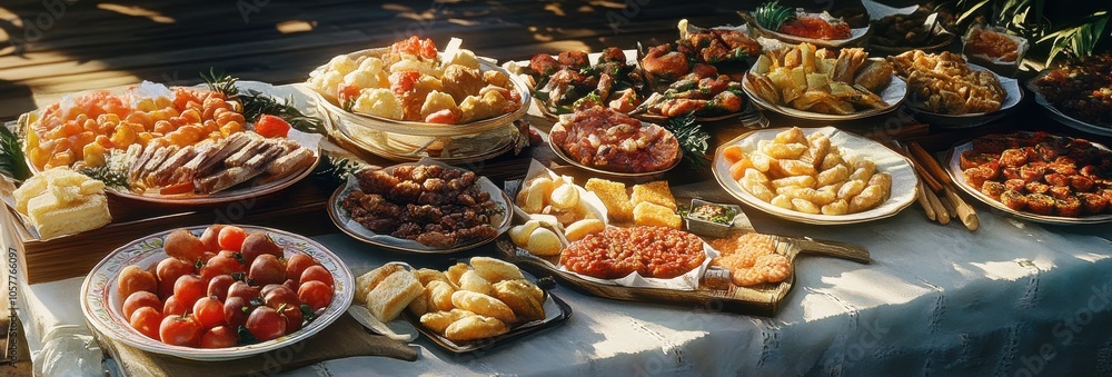 Fototapeta premium A table spread with a variety of food for a party.