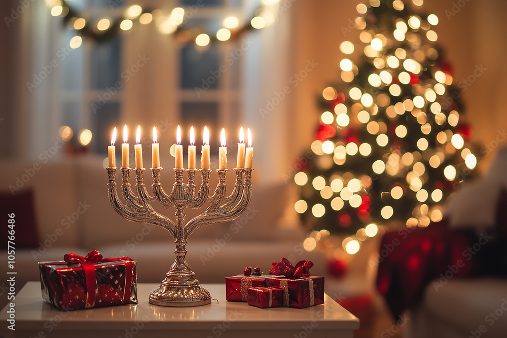 A beautiful silver and gold Hanukkah menorah with lit candles stands A beautiful silver and gold Hanukkah menorah with lit candles stands
