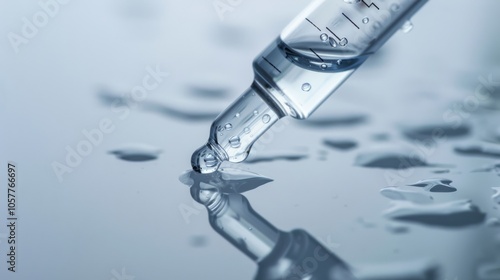 Hyaluronic acid pipette releasing serum, macro shot, clean white surface photo