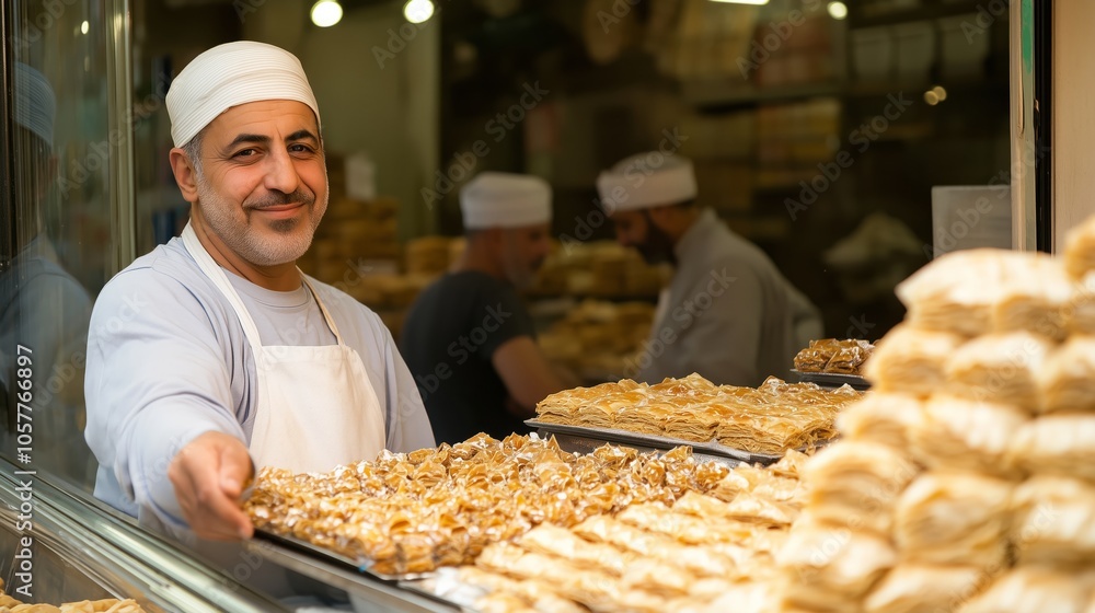 Man in a white apron is handing out pastries Man in a white apron is handing out pastries