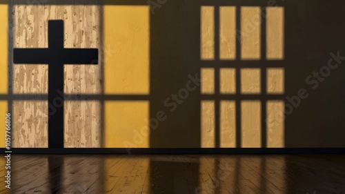 Cross on wall with yellow wall, window in the church with shadows