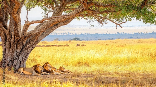Two lions resting in the shade of a tree in the African savanna, with a herd of zebras in the distance.