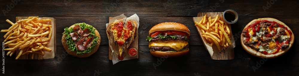 A variety of fast food on a wooden table, including burgers, fries, and pizza. A variety of fast food on a wooden table, including burgers, fries, and pizza.