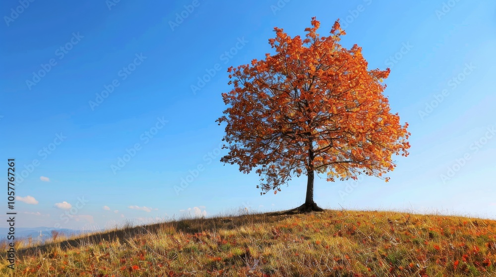 Isolated tree on hill with clear autumn foliage and expansive sky Isolated tree on hill with clear autumn foliage and expansive sky