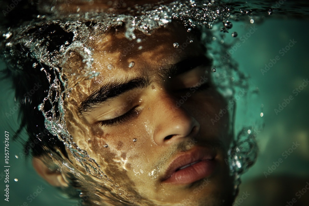 Serene underwater portrait of a young man with closed eyes and tranquil expression Serene underwater portrait of a young man with closed eyes and tranquil expression