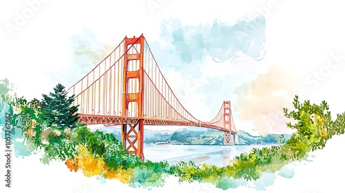 Watercolor illustration of a famous bridge with a transparent background.