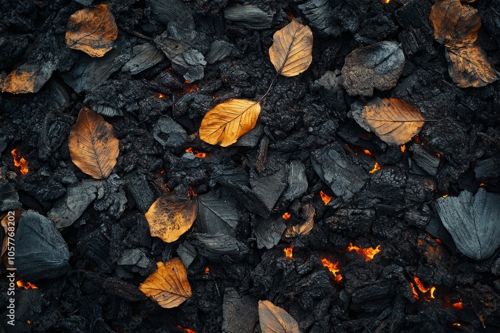 Burning coals and fallen leaves: a contrast of nature and fire Burning coals and fallen leaves: a contrast of nature and fire