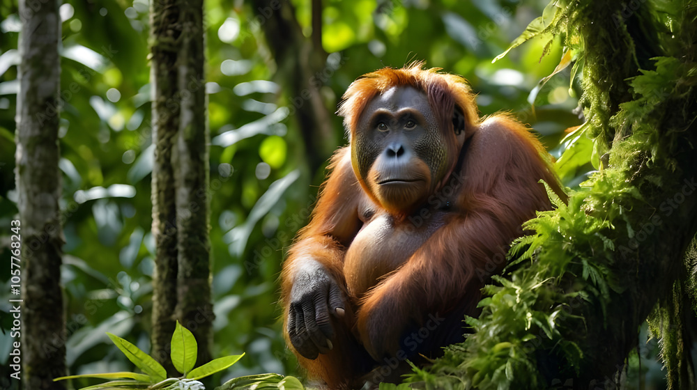 Obraz premium A Bornean orangutan is sitting calmly on a thick tree trunk in the middle of a dense tropical forest ai