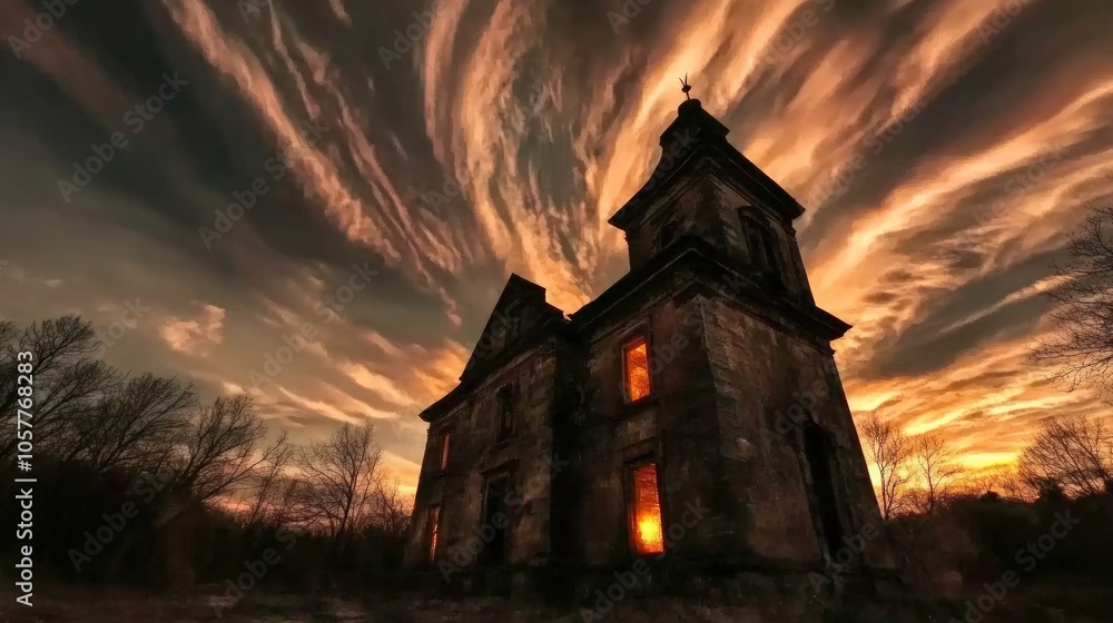 Abandoned church with glowing windows at sunset. Abandoned church with glowing windows at sunset.