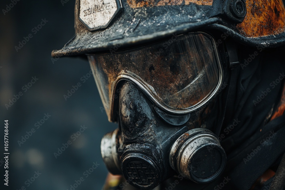 Close-up of miner in protective gear with helmet and respirator in industrial setting Close-up of miner in protective gear with helmet and respirator in industrial setting