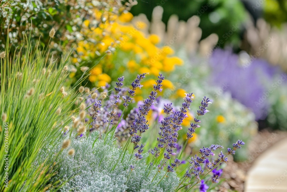 Obraz premium Vibrant garden: lavender and yellow blossoms in full bloom