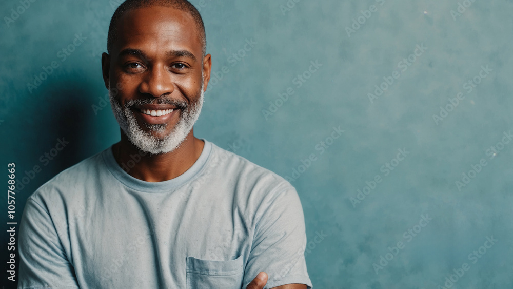 Fototapeta premium Homem negro sorrindo vestindo camiseta azul