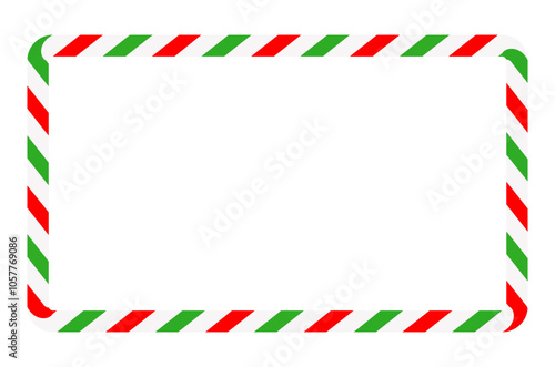 Candy cane rectangle frame. Christmas ribbon with red, green and white stripes. Greeting card with New Year or Christmas decorating border