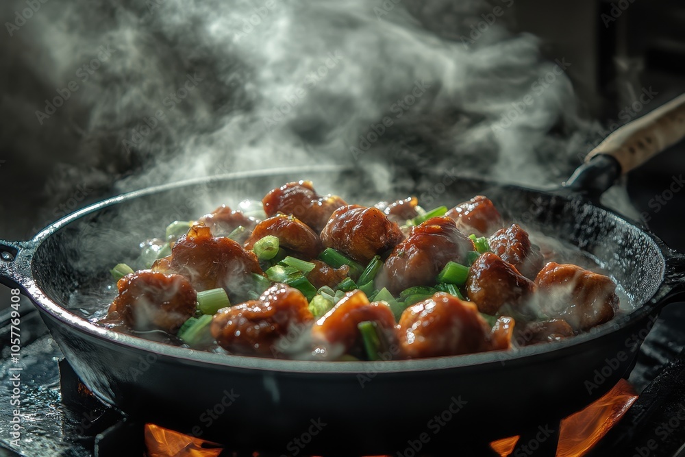 Steaming hot dish of meat and green onions in a black skillet. Steaming hot dish of meat and green onions in a black skillet.