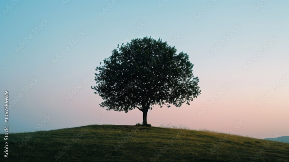 Fototapeta premium Lone tree on a hill during twilight with a gradient sky and calm mood