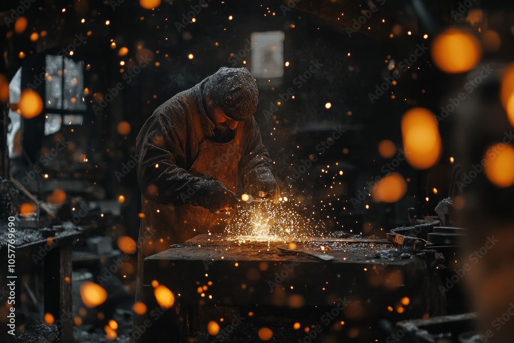 Blacksmith at work: crafting in a traditional forge with sparks flying Blacksmith at work: crafting in a traditional forge with sparks flying