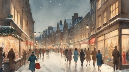 Vintage Christmas Watercolor Illustration of a Snowy City Square with Passersby – Nostalgic Holiday Scene in Soft Colors