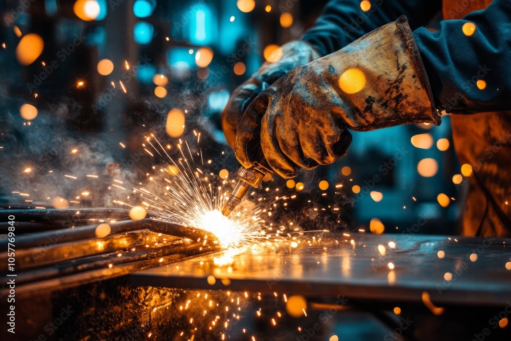 Welding spark burst: industrial worker in protective gear at work Welding spark burst: industrial worker in protective gear at work